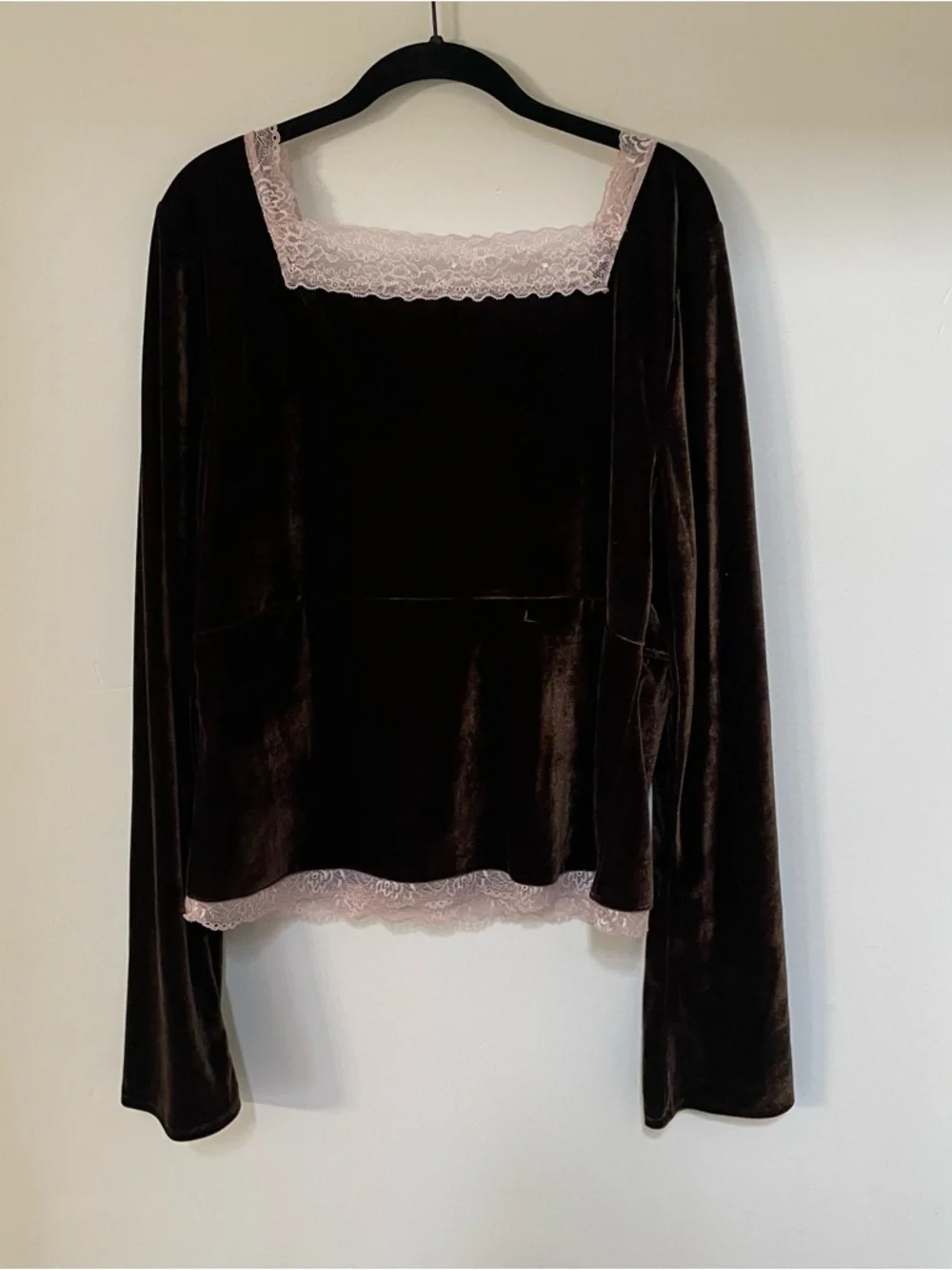 NWT Anthropologie Velvet Lace V-Neck Blouse Top XL $78 Chocolate Brown Pink